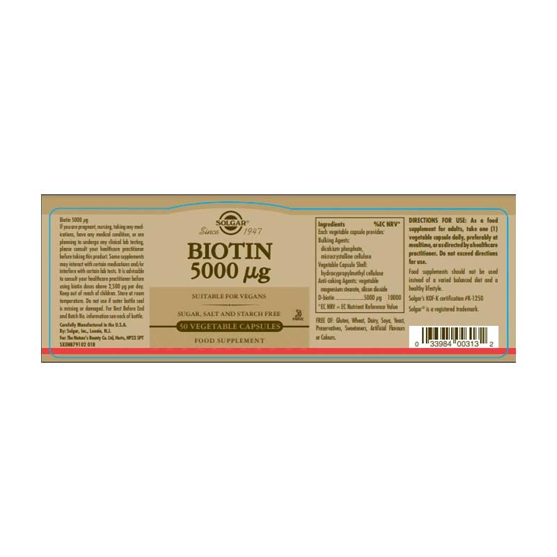 Biotin 5000 mcg Vegetable Capsules by Solgar